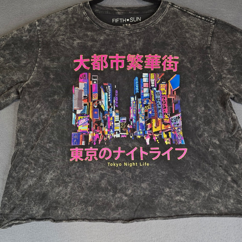 Fifth Sun Tokyo Night Life Graphic Tee Womens L Grey Neon Mineral Wash Cropped